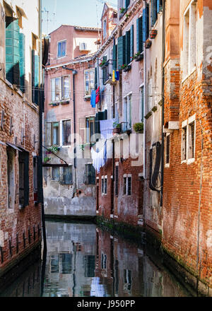 Italien, Venedig, Castello. Stadtlandschaft mit Kanal, verwitterte Olf venezianische Häuser, Wäscheleinen. Malerische & verfallene Stadtszene Stockfoto