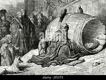 Diogenes (412-323 v. Chr.). Griechischer Philosoph. Einer der Gründer der Zyniker Philosophie. Auch bekannt als der Zyniker Diogenes. Diogenes Tierheime in seinem Fass. Stich von Gustave Dore. Stockfoto