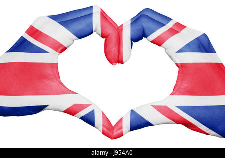 Großbritannien Flagge auf Hände bilden ein Herz gemalt isoliert auf weißem Hintergrund, Staatsangehöriger des Vereinigten Königreichs und Patriotismus-Konzept Stockfoto