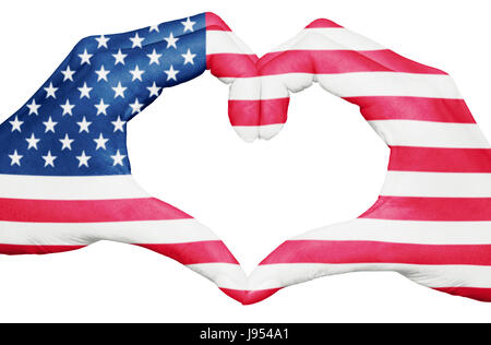 USA-Flagge auf Hände bilden ein Herz gemalt isoliert auf weißem Hintergrund, Vereinigten Staaten von Amerika nationale und Patriotismus-Konzept Stockfoto