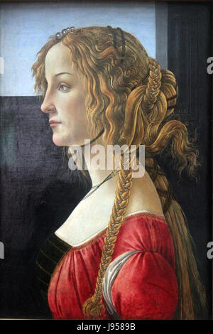 Dieses Profilporträt einer jungen Frau von Sandro Botticelli aus der Zeit um 1460–1465 fängt den frühen Stil des Künstlers ein. Das Gemälde ist bekannt für seine zarten Merkmale und die anmutige Darstellung weiblicher Schönheit in der Renaissance. Stockfoto