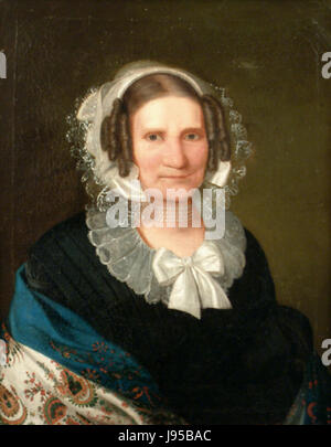 Dieses Kunstwerk zeigt eine Frau mit komplizierter Spitze, die die detailreiche Handwerkskunst und Eleganz des Kleidungsstücks unterstreicht und Mode und Textilkunst zeigt. Stockfoto