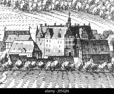 Diese Illustration aus der Merianserie zeigt Schloss Oelber, eine historische Burg in Niedersachsen. Das Bild bietet einen detaillierten Blick auf die Architektur und Umgebung der castleâ und zeigt die Pracht dieser historischen Stätte. Stockfoto