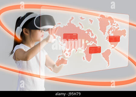 Konzept der VR oder virtuelle Realität für die Bildung von asiatischen Kind trägt VR Kopfhörer illustriert. Stockfoto