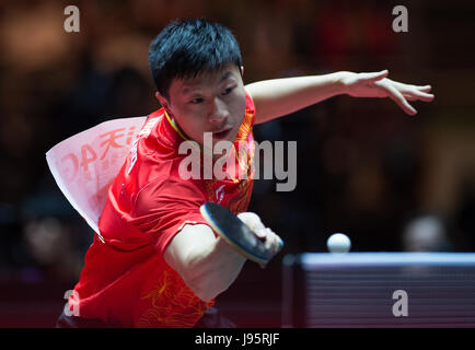 Düsseldorf, Deutschland. 5. Juni 2017. Ma Long (China) spielen Fan Zhendong (China) bei der Herren Einzel Finale bei den Tischtennis-Weltmeisterschaften in Düsseldorf, Deutschland, 5. Juni 2017. Foto: Jonas Güttler/Dpa/Alamy Live News Stockfoto