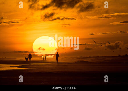 South Carolina, USA. 5. Juni 2017. Menschen am Strand, die Silhouette von der aufgehenden Sonne an einem bewölkten Morgen 5. Juni 2017 in Folly Beach, South Carolina. Folly Beach ist eine schrullige Strandgemeinde außerhalb Charleston Einheimischen als Edge of America bekannt. Bildnachweis: Planetpix/Alamy Live-Nachrichten Stockfoto