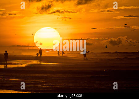 South Carolina, USA. 5. Juni 2017. Menschen am Strand, die Silhouette von der aufgehenden Sonne an einem bewölkten Morgen 5. Juni 2017 in Folly Beach, South Carolina. Folly Beach ist eine schrullige Strandgemeinde außerhalb Charleston Einheimischen als Edge of America bekannt. Bildnachweis: Planetpix/Alamy Live-Nachrichten Stockfoto
