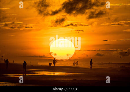 South Carolina, USA. 5. Juni 2017. Menschen am Strand, die Silhouette von der aufgehenden Sonne an einem bewölkten Morgen 5. Juni 2017 in Folly Beach, South Carolina. Folly Beach ist eine schrullige Strandgemeinde außerhalb Charleston Einheimischen als Edge of America bekannt. Bildnachweis: Planetpix/Alamy Live-Nachrichten Stockfoto