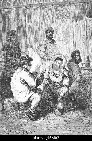 „The Field of Ice“ von Riou und Montaut ist ein Kunstwerk, das eine dramatische Szene darstellt, wahrscheinlich aus der Natur oder der Geschichte. Er fängt die intensiven, rauen Elemente einer eisigen Landschaft ein und konzentriert sich auf die schwierigen und dramatischen Bedingungen der Eisfelder. Stockfoto