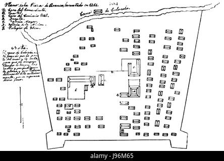 „Plano de Arauco 1764“ ist eine historische Karte, die die Region Arauco in Chile beschreibt und wahrscheinlich die geographischen Besonderheiten und Siedlungen im 18. Jahrhundert darstellt. Diese Karte bietet wertvolle Einblicke in die territoriale Organisation der Kolonialzeit. Stockfoto