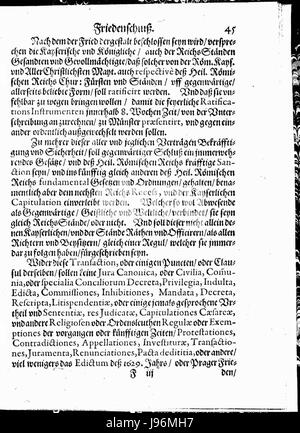 Der Westfälische Friede war eine Reihe von Verträgen, die 1649 zur Beendigung des Dreißigjährigen Krieges in Europa unterzeichnet wurden. Dieses Friedensabkommen markierte den Beginn einer neuen politischen Ordnung in Europa, die die künftige Diplomatie prägte. Stockfoto