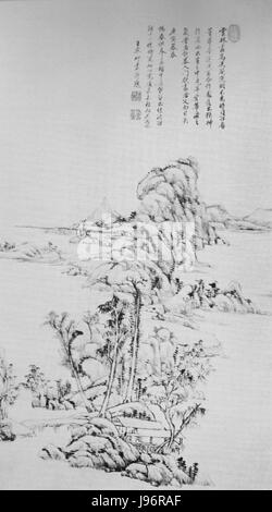 Dieses Landschaftsgemälde, das vom chinesischen Künstler Wang Yuanqi geschaffen wurde, ist im Stil von Dong Qichang entstanden. Wang Yuanqi, ein bekannter Maler der Qing-Dynastie, ist für seine traditionellen chinesischen Landschaften bekannt. Dieses Kunstwerk spiegelt die ruhigen, atmosphärischen Qualitäten wider, die typisch für Dong Qichangs Stil sind und aus dem Jahr 1710 stammen. Stockfoto