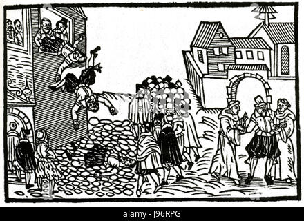 Prager Fenstersturz bezieht sich auf das historische Ereignis in Prag im Jahr 1618, als zwei katholische Beamte aus einem Fenster geworfen wurden, was den Beginn des Dreißigjährigen Krieges markierte. Dieses Ereignis wird in der Wahrhafftigen Zeitung aus Prag festgehalten, einem zeitgenössischen Zeitungsbericht der damaligen Zeit. Stockfoto