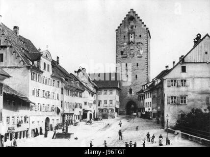 Foto des Obertor-Tors in Ravensburg, Deutschland, um 1870, mit der historischen Architektur der Stadt. Stockfoto