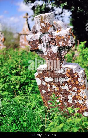 Eine gut geneigt Keltische Kreuz markiert eine Grabstätte an der bewachsenen Kirche Hof an der Ruine der St. Mary's Kirche in Delvin, County Westmeath, Irland. Stockfoto