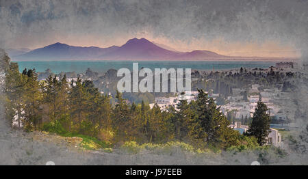 Blick vom Hügel Byrsa mit antiken Ruinen von Karthago und Landschaft. Stockfoto