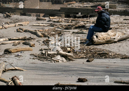 Mann allein am Ufer des Lake Erie, Ohio, zwischen toten Ästen Wasser festgelegten Stockfoto