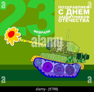 23. Februar, Postkarte Grüße. Verteidiger des Vaterlandes. Tank Stock Vektor
