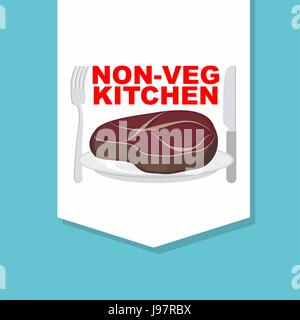 Steak auf dem Teller mit Besteck: Messer und Gabel. Logo für Café oder Restaurant. Küche ohne Gemüse. Fleischgerichte. Vektor-Logo. Stock Vektor