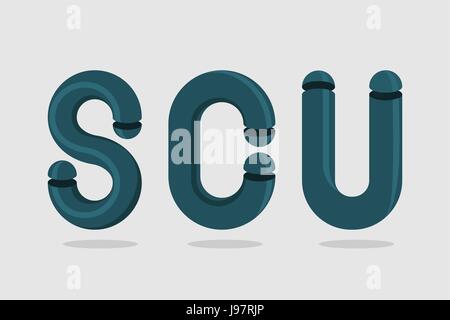Logo der abstrakten Buchstaben S. Buchstaben C und U. 3D-Buchstaben aus Rohren hergestellt. Business-Design-Vorlage. Vektor-Illustration. Stock Vektor