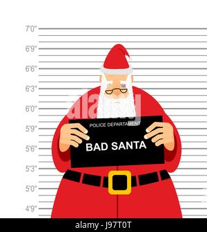 Mugshot ist bad Santa. Sana Claus in Polizei-Station mit einem Schild verhaftet. Weihnachten-Täter in Bluterguss unter Auge. Sein Großvater wurde festgenommen, fo Stock Vektor