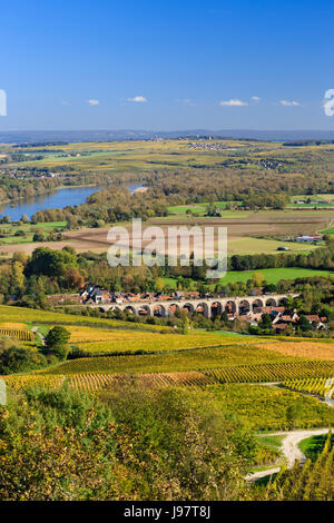 Frankreich, Cher, menetreol-sous-Sancerre, das Dorf und sein Viadukt, Sancerre AOC Weinberge im Herbst, der Loire und über Pouilly-sur-Loire Stockfoto