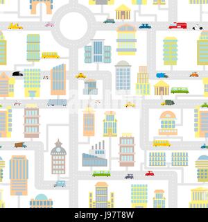 Morgen Stadt Musterdesign.  Cartoon niedlich Texturmap für Baby-Gewebe. Geschäftshäuser und Fahrzeuge. Straßen und Autos. Industrieerfahrung m Stock Vektor