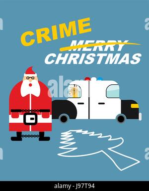Kriminalität Weihnachten. Santa Claus in Handschellen. Hirsch sitzt im Polizeiauto. Tötung-Baum. Silhouette Weihnachtsbaum ist mit Kreide auf Asphalt skizziert. Schlechte gu Stock Vektor