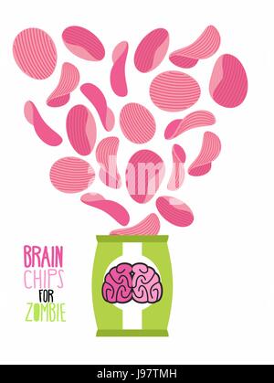 Kartoffelchips schmecken Gehirn. Spezielle Zombies Chips. Verpackung, Tasche von Chips auf einem weißen Hintergrund. Späne flogen aus der Packung. Außergewöhnliche Delikatesse für Stock Vektor