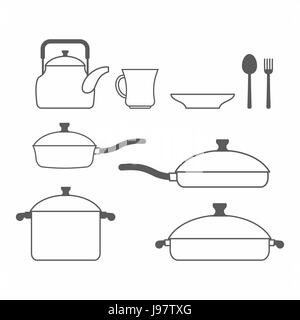 Geschirrset. Küchengeräte aus Linien. Vektor-illustration Stock Vektor