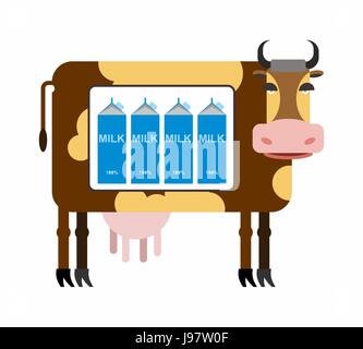 Gefleckte Kuh mit Milch. Pakete der Milch der Kuh in den Kühlschrank stellen. Die Milchproduktion von Kühen. Natürliches Produkt. Vektor-illustration Stock Vektor