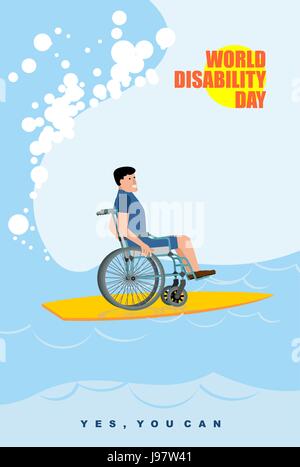 Welttag der Behinderungen. Mann im Rollstuhl schwebt an Bord zum Surfen. Menschen mit Behinderungen im Schutzanzug Brandung am Kamm der Welle im Ozean. Ja, Sie können. Bereitstellen Stock Vektor