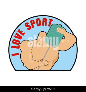 Ich liebe Sport. Emblem, Zeichen für Bodybuilding-Fans. Mann umarmt. Vektor-Illustration eines niedlichen bemuskelt Sportler und Sport-Projektil, Zubehör. Stock Vektor