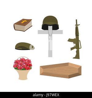 Tod eines militärischen Veteran. Beerdigung Zubehör Soldat: Maschinengewehr und Soldaten-Abzeichen. Kreuz, Sarg und Bibel. Großer Korb mit roten Rosen. Vektor-set Stock Vektor