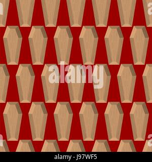 Särge nahtlose Muster auf rotem Grund. Holzsarg. Vektor Hintergrund Friedhof. Stock Vektor