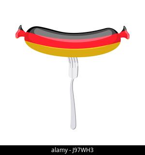 Deutschland-Banger. Wurst auf einer Gabel. Traditionelle Delikatesse in der Farbe der Flagge. Vektor-Illustration. Ppresent deutsche Qualität. Stock Vektor