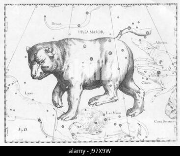 Das Sternbild Ursa Major, wie es Johannes Hevelius kartographiert hat, ist eines der bekanntesten Muster am Nachthimmel, bekannt für den Großen Dipper Asterismus. Stockfoto