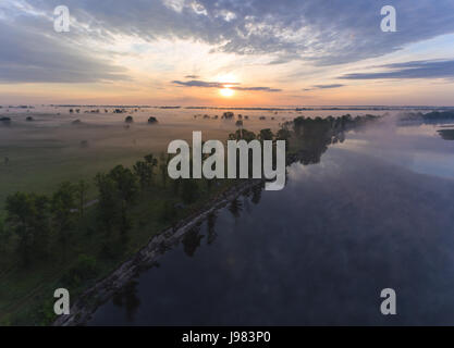 Luftaufnahme des Flusses bei Sonnenaufgang, fliegen über Morgennebel am Fluss Stockfoto