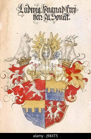 Dieser Titel bezieht sich auf das Wappen von Ludwig Ungnad zu Soneck, das in einem unbekannten Wappenbuch enthalten ist. Das Wappen ist ein Symbol des europäischen Adels und der Heraldik. Stockfoto