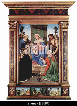 Piero di Cosimo Madonna und Kind inthronisiert mit Heiligen Peter, Johannes der Täufer, Dominic und Nikolaus von Bari Stockfoto