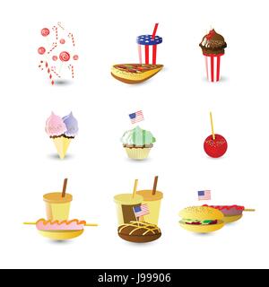 Unabhängigkeitstag USA. Fourth Of July. Illustration für Ihr Design. Attribute eines Urlaubs. Süßigkeiten und Fast Food. Stock Vektor
