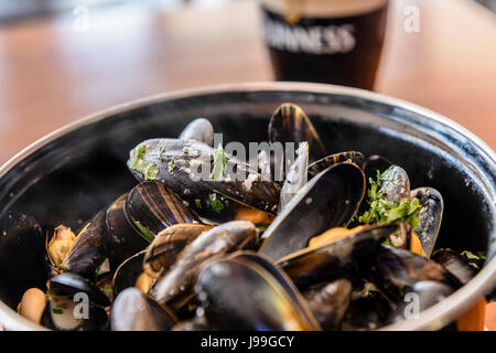 Eine Schüssel mit Muscheln mit Petersilie, Knoblauch und Weißwein mit einem Pint Guinness. Stockfoto