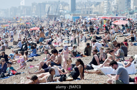 Brighton, UK. 1. Juni 2017. Brighton Beach ist gepackt als flammende Juni beginnt mit ein weiterer heißer Tag an der Südküste des Vereinigten Königreichs mit Temperaturen um 26 Grad Celsius Credit erwartet: Simon Dack/Alamy Live News Stockfoto
