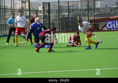 Gibraltar. 1. Juni 2017. Grammatiker (Gibraltar) 2-2 HAHK Mladost (Kroatien) Rollstuhlbasketball 2017 Club Challenge II Turnier, Bayside Hockey Pitch, Victoria Stadion, Gibraltar. Bildnachweis: Stephen Ignacio/Alamy Live-Nachrichten Stockfoto