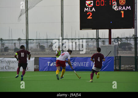 Gibraltar. 1. Juni 2017. Grammatiker (Gibraltar) 2-2 HAHK Mladost (Kroatien) Rollstuhlbasketball 2017 Club Challenge II Turnier, Bayside Hockey Pitch, Victoria Stadion, Gibraltar. Bildnachweis: Stephen Ignacio/Alamy Live-Nachrichten Stockfoto