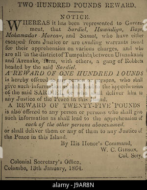 Utuwankande Sura Saradiel, Verhaftung rechtfertigen Belohnung Ankündigung (Ceylon Gazette 13. Januar 1864) Stockfoto