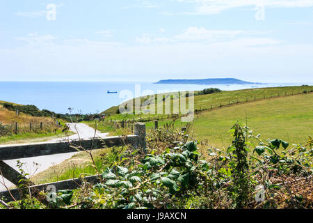 Blick über fünf bar Gate und Felder, eine kurvenreiche Straße, die zum Meer und Ringstead Bay, Dorset, England, UK, Portland Bill in der Ferne Stockfoto