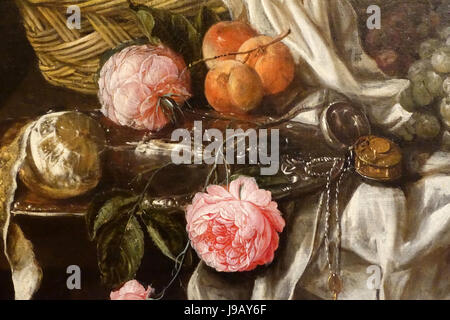 Dieses Detail aus Abraham van Beyerens Stillleben um 1670 zeigt die Meisterschaft des Künstlers in der Darstellung von Luxusgegenständen wie feinem porzellan, Fisch und anderen verderblichen Gütern, die in Öl auf Leinwand dargestellt werden. Sie befindet sich im Krannert Art Museum der UIUC. Stockfoto