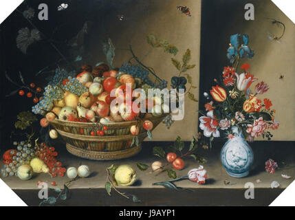 Stillleben mit Äpfeln, Birnen, Pfirsiche und Pflaumen mit Trauben und Nüssen von Johannes Bären Stockfoto