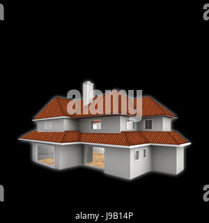 Modell Haus isoliert auf dem schwarzen Hintergrund. Immobilien-Konzept. 3D Stockfoto